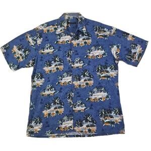 Pierre Cardin~Mens Size L~Blue Hawaiian Shirt Cotton Short Sleeve Vacation Print